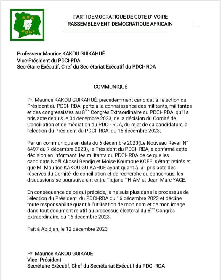 Le dernier communiqué de Guikahué qui devrait inquiéter le PDCI