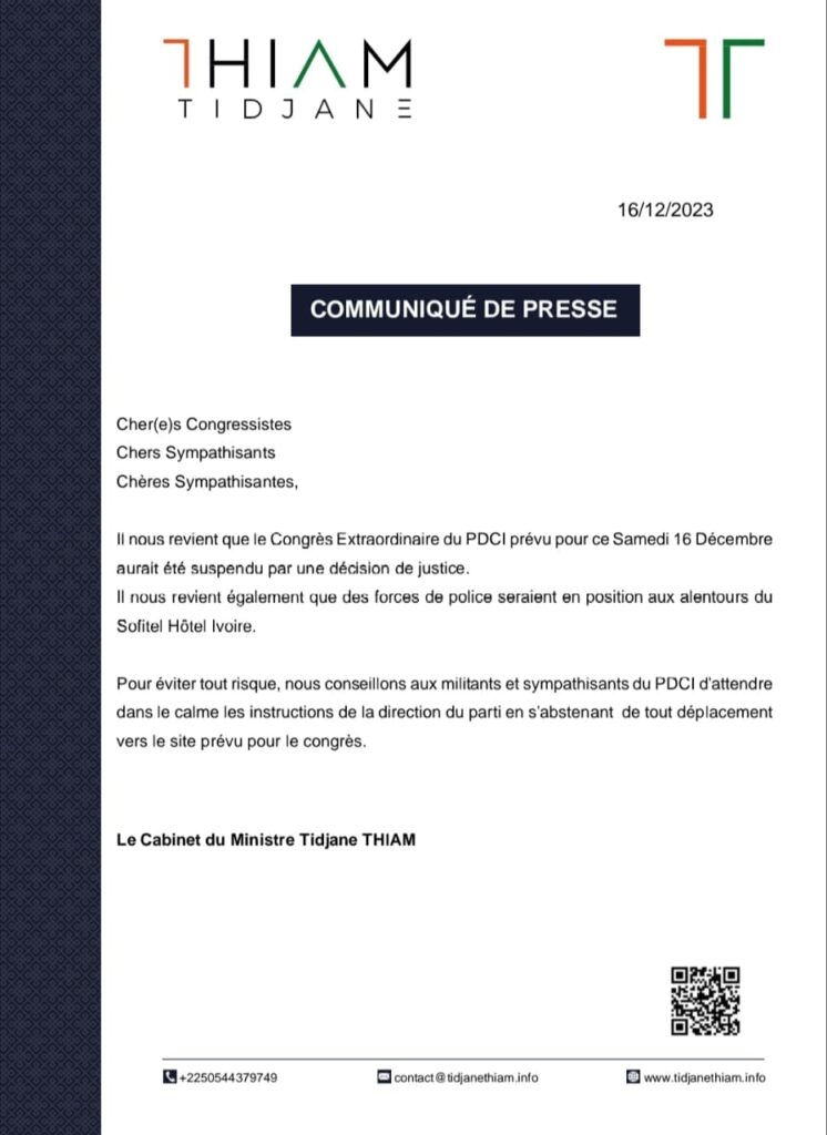 Annulation du congrès du PDCI par la justice: la première réaction de Tidjane Thiam