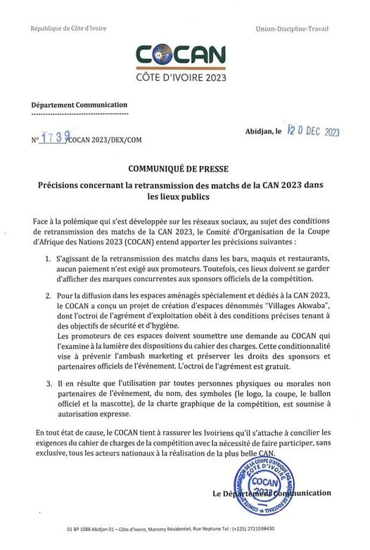 CAN 2023 : précisions concernant la retransmission des matchs dans les lieux publics (communiqué)