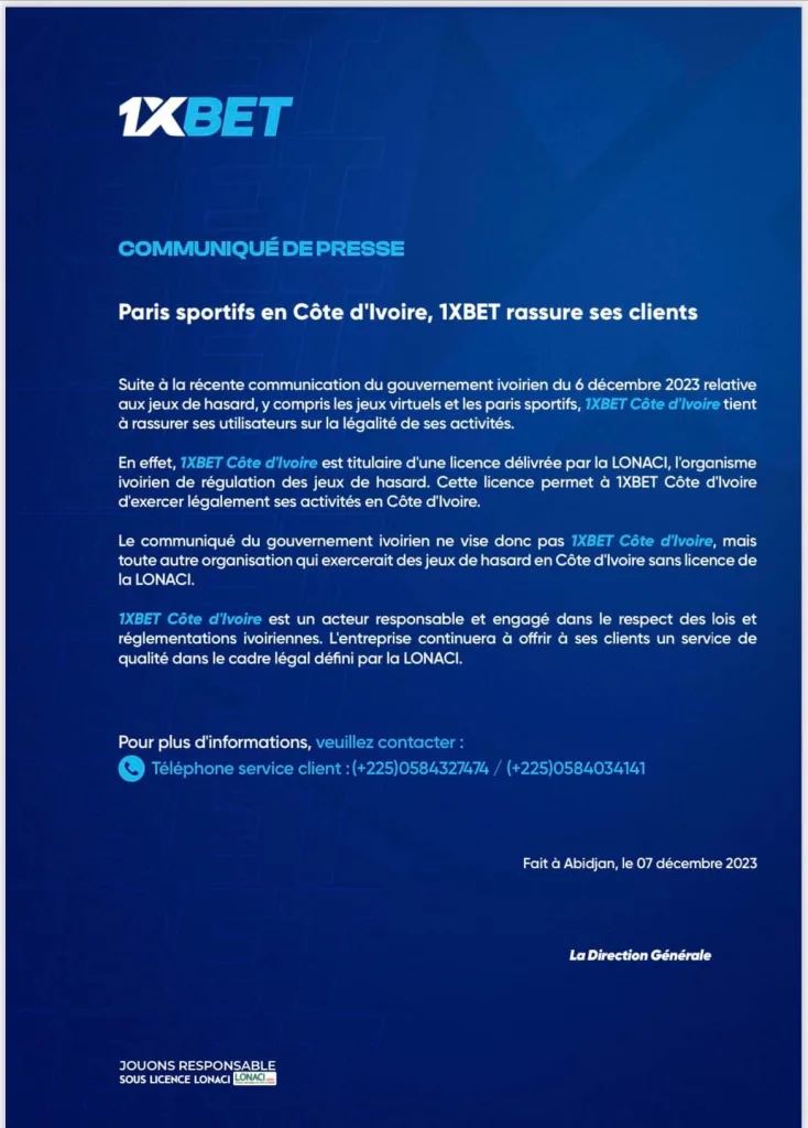 1XBET interdit en Côte d’Ivoire : la société publie un démenti (communiqué)