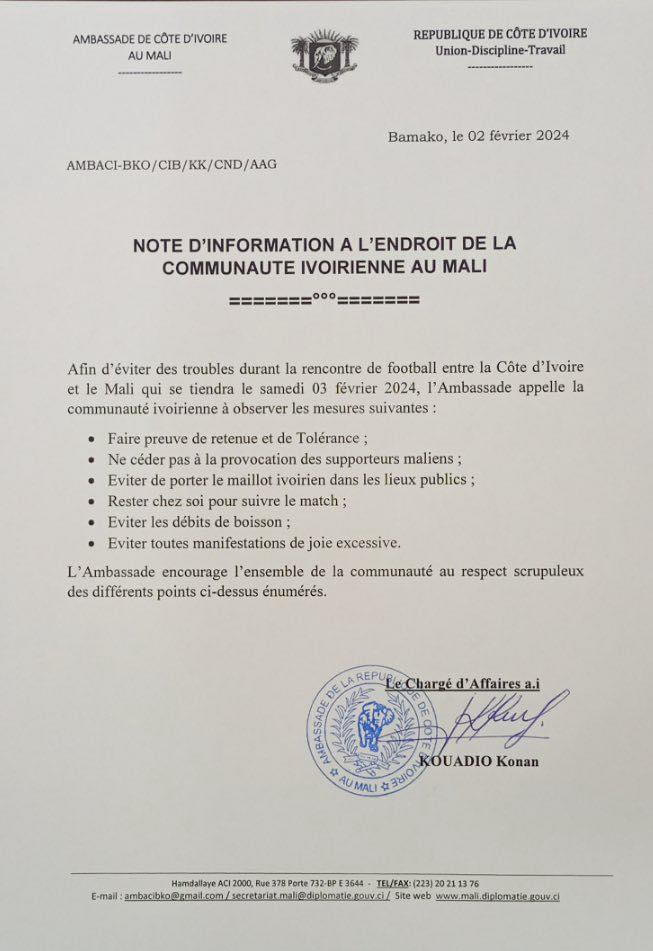 CAN 2023 : avant le match, l'Ambassade de Côte d'Ivoire au Mali appelle à la retenue