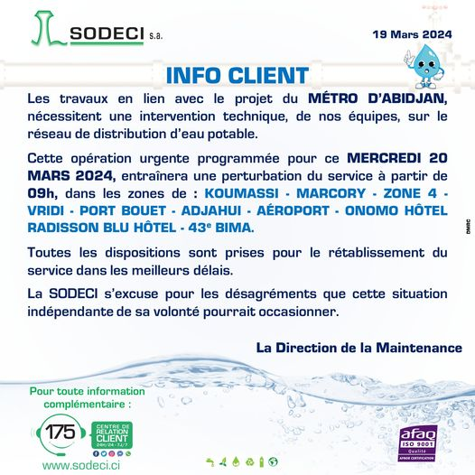 Perturbation d'eau potable à Abidjan ce 20 mars 2024 : voici les communes concernées (communiqué)