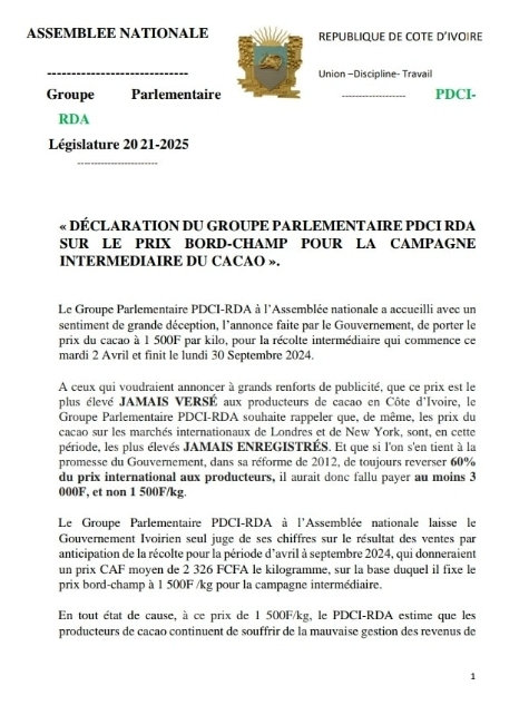 Nouveau prix du Cacao : le PDCI toujours pas satisfait dit ses vérités