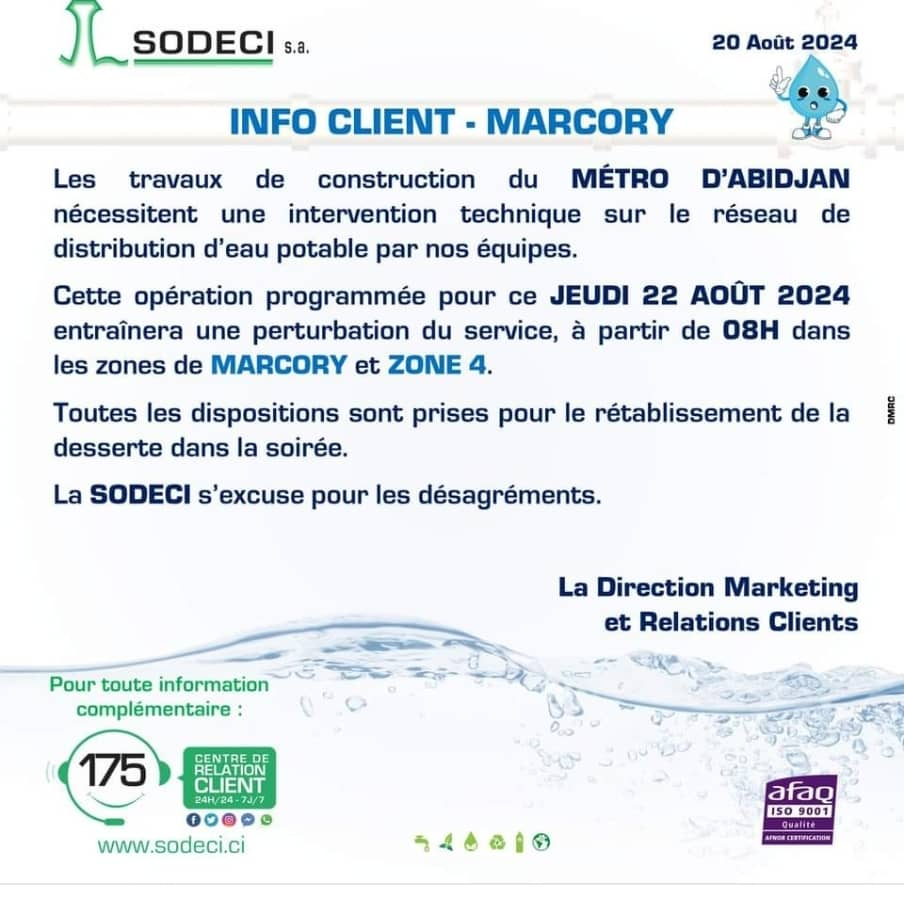 SODECI : la zone de Marcory touchée par une interruption d'eau