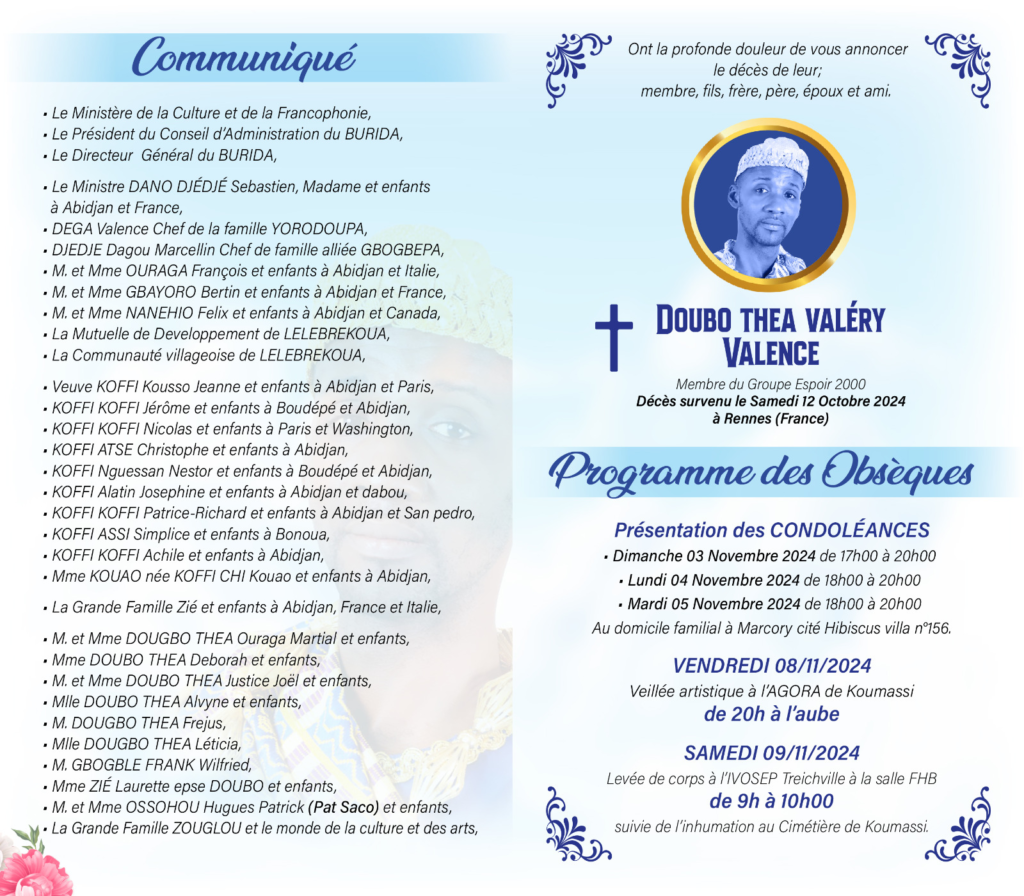 Décès de Doubo Théa Valéry : le programme de ses obsèques dévoilé