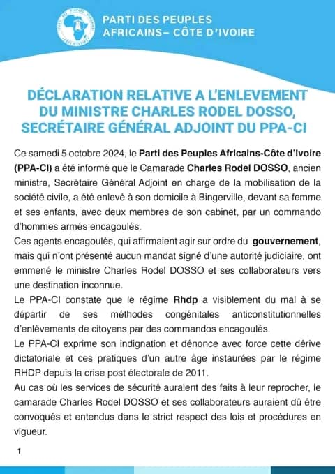 PPA-CI : l’ex-ministre Charles Rodel Dosso enlevé