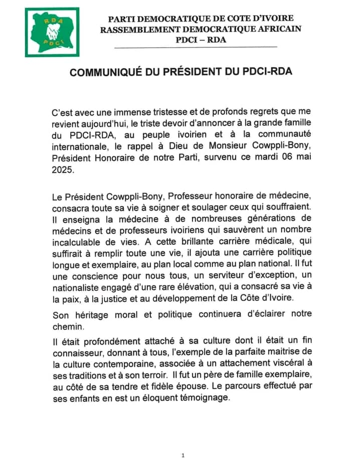 Décès de Cowppli-Bony : Ce que dit le PDCI-RDA