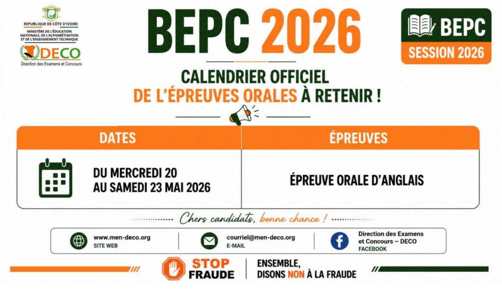 BEPC 2026 : voici le calendrier officiel des épreuves orales BEPC 2026 : voici le calendrier officiel des épreuves orales